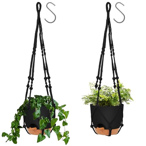 GARDIFE 8 Inch Hanging Planters with Macrame Plant Hanger for Indoor and Outdoor Plants 2 Pack Large Self Watering Hanging Plant Pot with Basket Flower Pot with Drainage Hole Black - Image 1