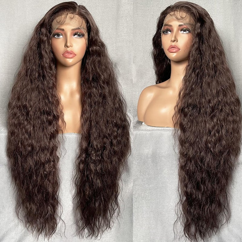 SOKU 13x6 Lace Frontal Water Wave Wigs with Baby Hair Natural Brown 34 Inches Long Heat Resistant Synthetic Hair Preplucked Free Part Transparent Swiss Lace Front Wavy Wigs for Women