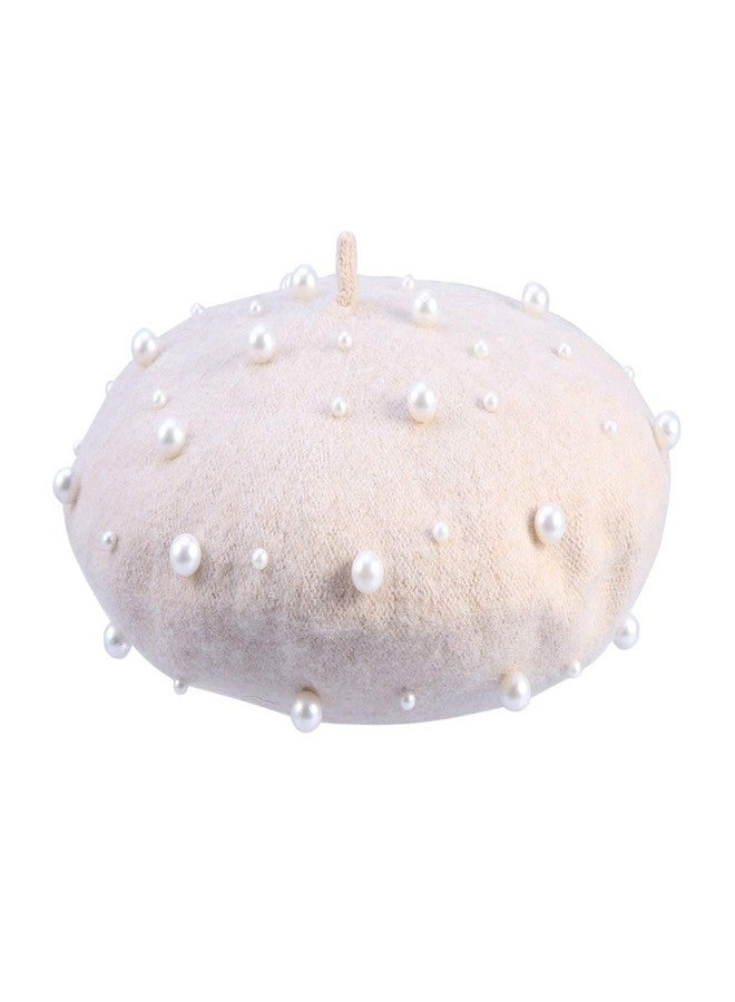 بيستويارد قبعة بيريه من الكشمير مزينة باللؤلؤ، مناسبة لفصلي الخريف والشتاء، مزينة بالنجوم والخرز واللؤلؤ والبرشام، مصنوعة من الصوف (بيج). - Image 1