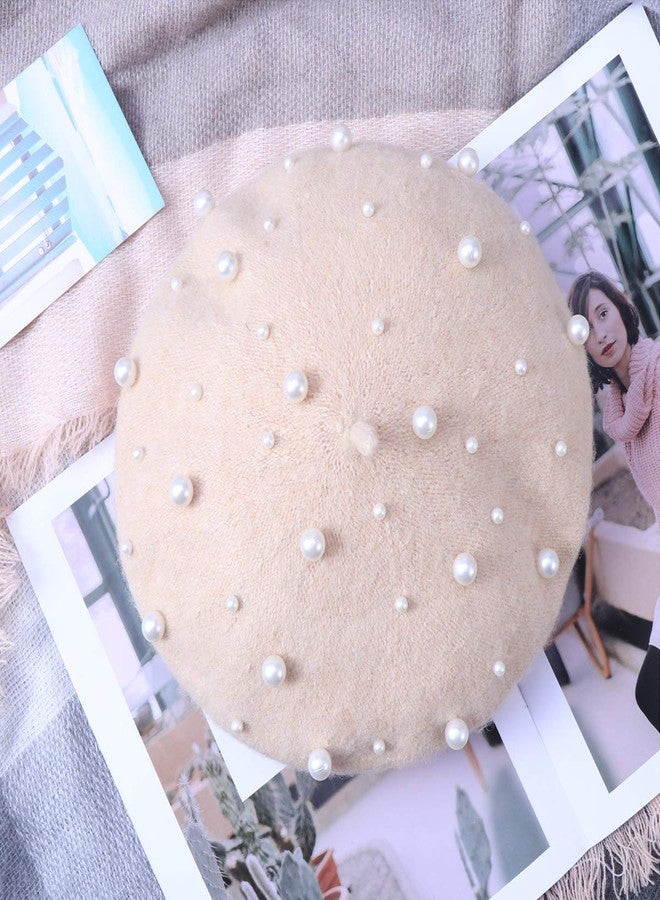 بيستويارد قبعة بيريه من الكشمير مزينة باللؤلؤ، مناسبة لفصلي الخريف والشتاء، مزينة بالنجوم والخرز واللؤلؤ والبرشام، مصنوعة من الصوف (بيج). - Image 5