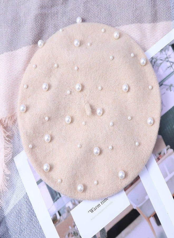 بيستويارد قبعة بيريه من الكشمير مزينة باللؤلؤ، مناسبة لفصلي الخريف والشتاء، مزينة بالنجوم والخرز واللؤلؤ والبرشام، مصنوعة من الصوف (بيج). - Image 3