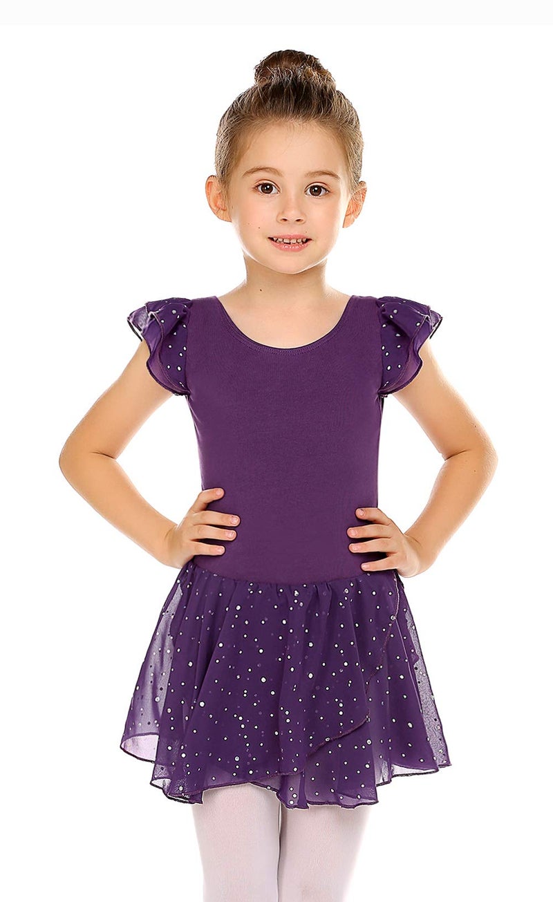 Arshiner Girls Ruffle Sleeve Ballet Dance Dress Tutu Skirted Leotard Dark Purple - Image 2