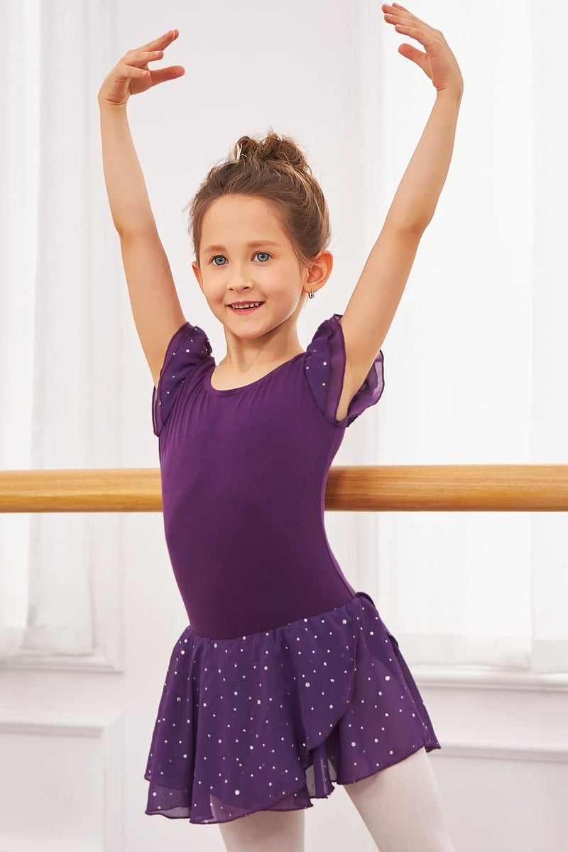 Arshiner Girls Ruffle Sleeve Ballet Dance Dress Tutu Skirted Leotard Dark Purple - Image 4