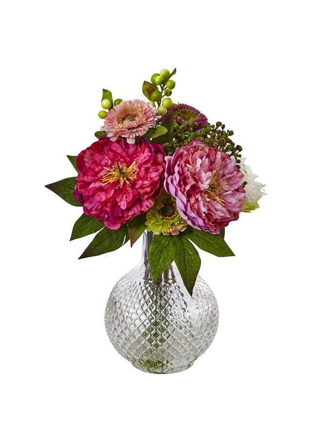Nearly Natural - 4584 Peony And Mum In Glass Vase Gree Light Pink White - Image 1