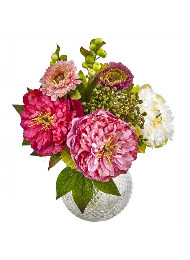 Nearly Natural - 4584 Peony And Mum In Glass Vase Gree Light Pink White - Image 1