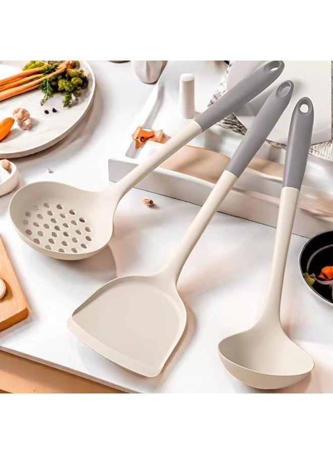 3-Piece Silicone Kitchen Utensil Set for Non-Stick Cookware, High Heat Resistant - Cream/Grey - Image 1
