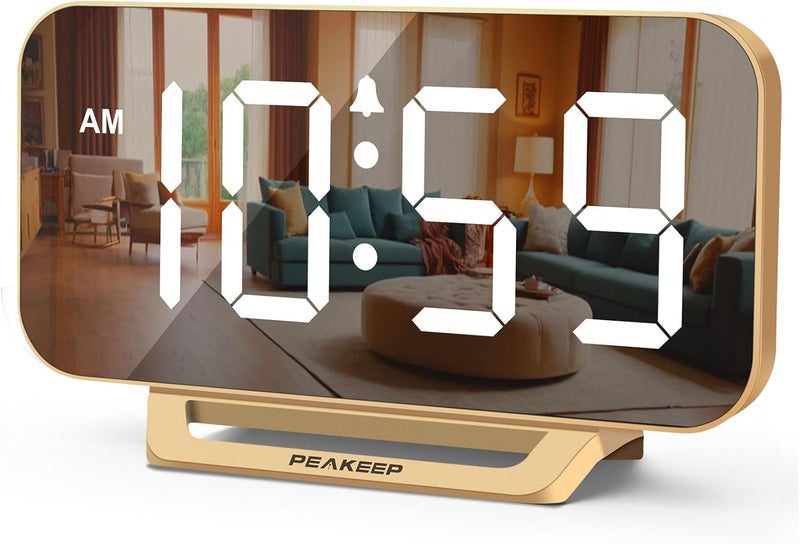 Peakeep Slim Digital Mirror Aesthetic Alarm Clock for Bedrooms Desk Decor - Plug in Electric Big LED Modern Small Clock for Office Living Room, Battery Backup, 6 Dimmers (Gold) - Image 1