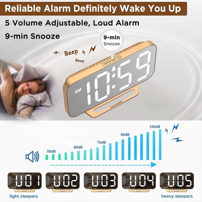 Peakeep Slim Digital Mirror Aesthetic Alarm Clock for Bedrooms Desk Decor - Plug in Electric Big LED Modern Small Clock for Office Living Room, Battery Backup, 6 Dimmers (Gold) - Image 5