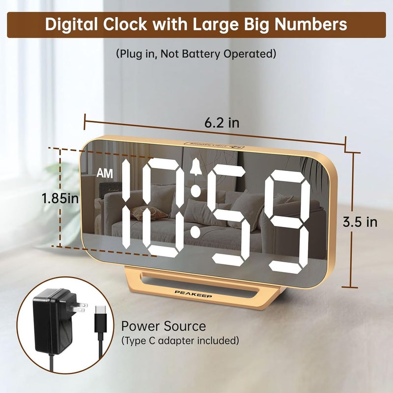 Peakeep Slim Digital Mirror Aesthetic Alarm Clock for Bedrooms Desk Decor - Plug in Electric Big LED Modern Small Clock for Office Living Room, Battery Backup, 6 Dimmers (Gold) - Image 2