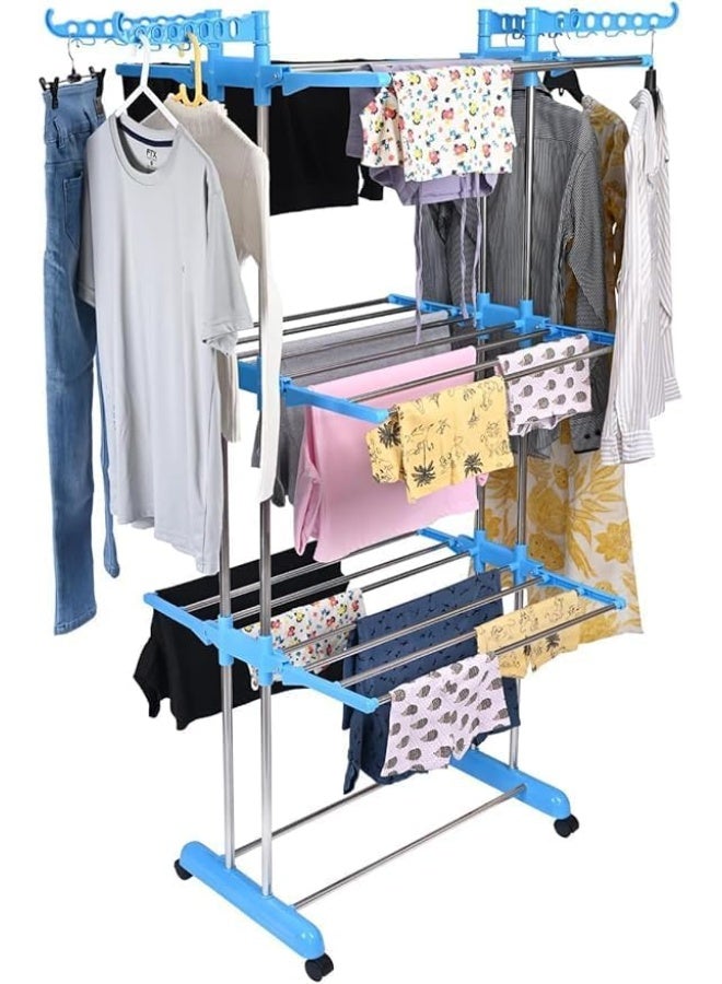 3-Tier Rolling Clothes Drying Rack, Heavy Duty Steel Frame, Light Blue, 40 kg Capacity - Image 1