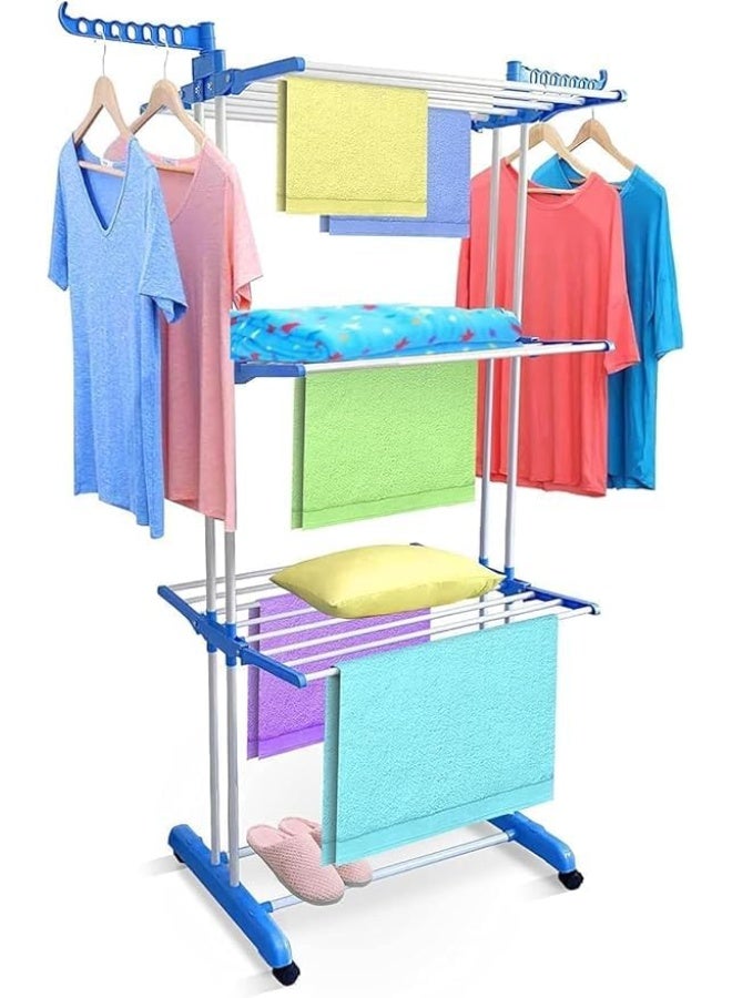 3-Tier Rolling Clothes Drying Rack, Heavy Duty Steel Frame, Light Blue, 40 kg Capacity - Image 3