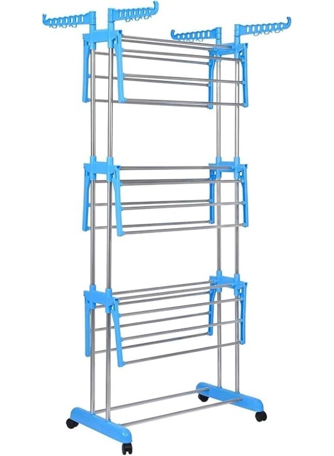 3-Tier Rolling Clothes Drying Rack, Heavy Duty Steel Frame, Light Blue, 40 kg Capacity - Image 4