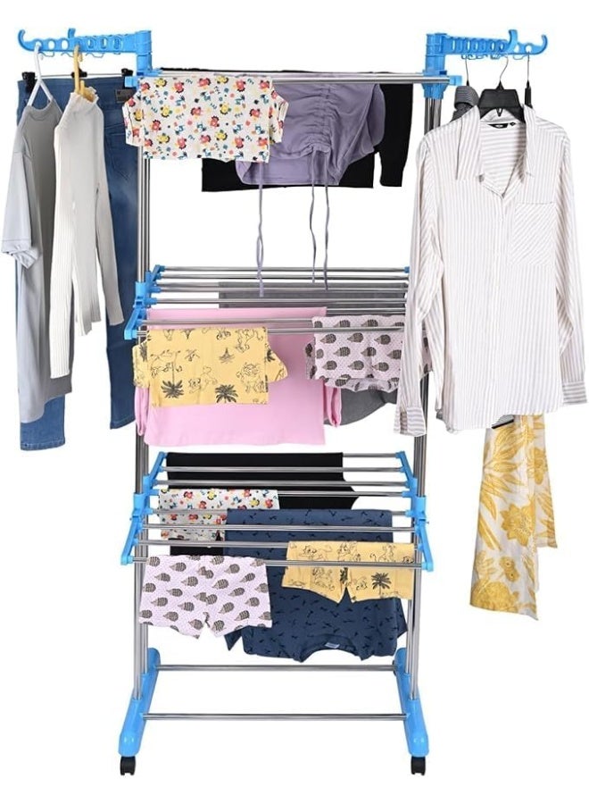 3-Tier Rolling Clothes Drying Rack, Heavy Duty Steel Frame, Light Blue, 40 kg Capacity - Image 2