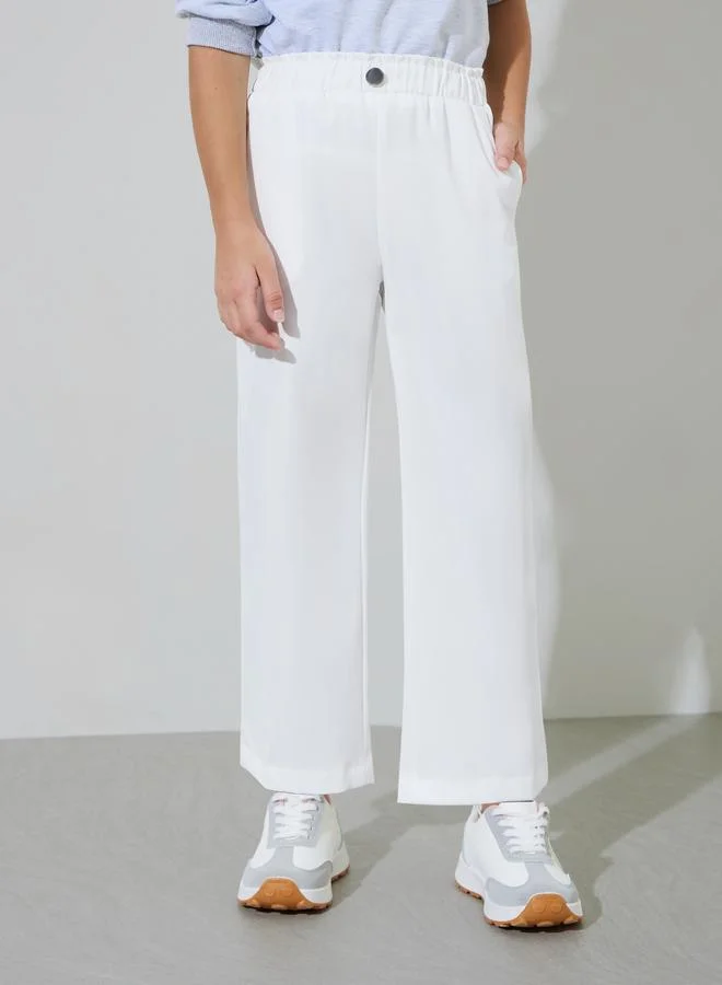 Styli Girls Off White Solid Button Detail Wide Leg Trousers