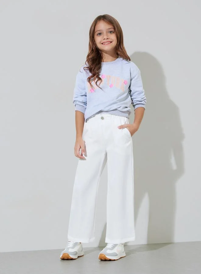 Styli Girls Off White Solid Button Detail Wide Leg Trousers