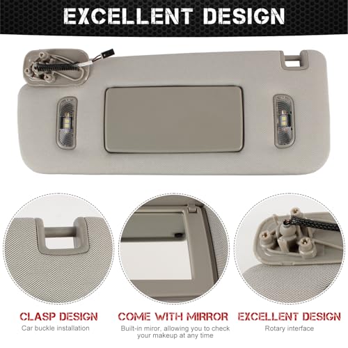 PEVAST Left Driver Side Sun Visor with LED Lights Compatible with 2014-2019 GMC Sierra/Sierra Denali 1500 2500 3500 2014-2019 Chevrolet Silverado 1500 2500 3500 Sunvisor Replace 23459654 (Gray) - Image 5