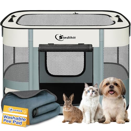 Siedihit Dog PlaypenCat Pet Puppy PenPortable Playpens for Dogs Indoor Outdoor Travel Camping UseFoldable Dog Kennel Tent Crate for Rabbit Small Animals with Carrying Case Grey with Pad Small - Image 1