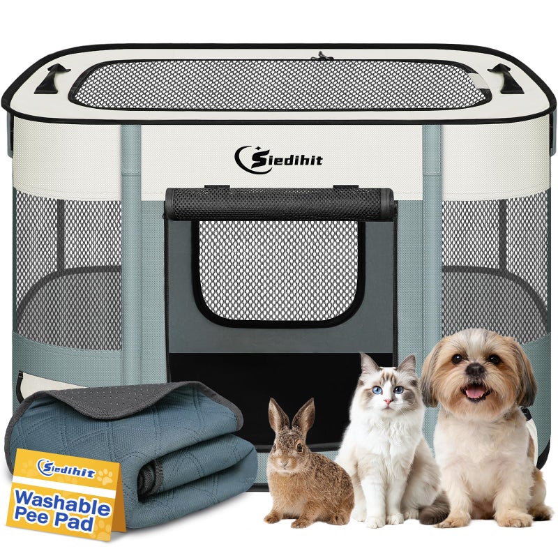 Siedihit Dog PlaypenCat Pet Puppy PenPortable Playpens for Dogs Indoor Outdoor Travel Camping UseFoldable Dog Kennel Tent Crate for Rabbit Small Animals with Carrying Case Grey with Pad Small - Image 2