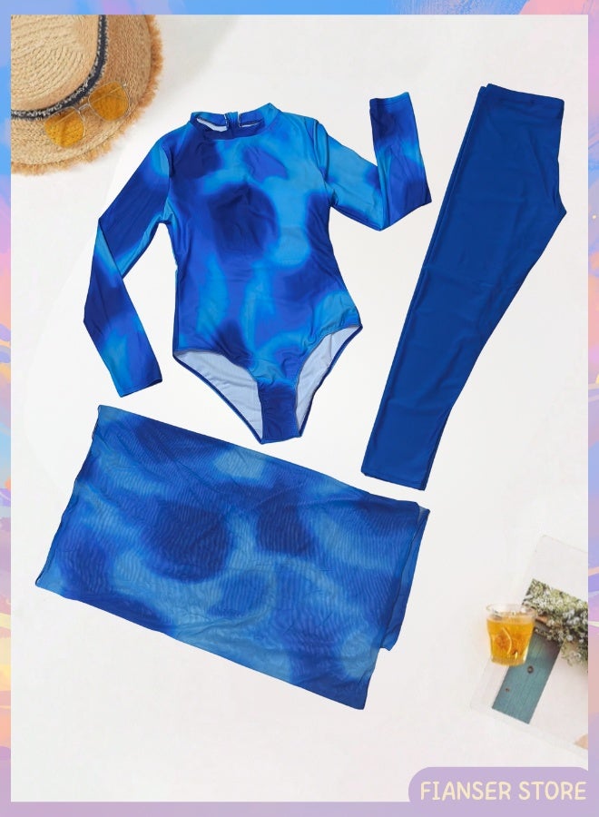 فيانسر بوركيني طقم سباحة مكوّن من 3 قطع أكمام طويلة مع تنورة شيفون ملفوفة ملابس شاطئ تغطية كاملة أزياء محتشمة محتشم إسلامي للمسلمات كلاسيكي ملابس عربية حماية من أشعة الشمس فوق البنفسجية بدلة غوص بدلة ركوب الأمواج سريع الجفاف زي سباحة بسحاب بنطال طويل - Image 3