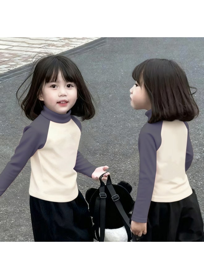 Girls' Thermal Base Layer Top Autumn And Winternew Style For Older Children, Half Turtleneck, Warm Inner Layer, Color-blocking Long Sleeves