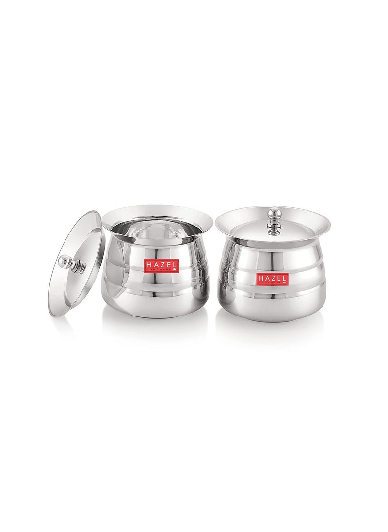Hazel - HAZEL Stainless Steel Serving Handi Set of 2 | 850 ml Each Dal Handi Set for Serving | Serving Handi Small with Lid | 2 Piece Serving Pot - Image 1