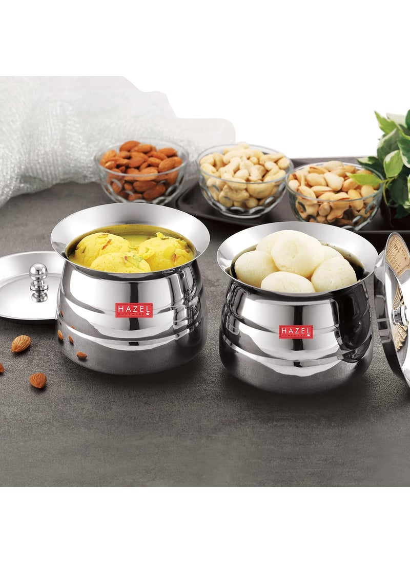 Hazel - HAZEL Stainless Steel Serving Handi Set of 2 | 850 ml Each Dal Handi Set for Serving | Serving Handi Small with Lid | 2 Piece Serving Pot - Image 1