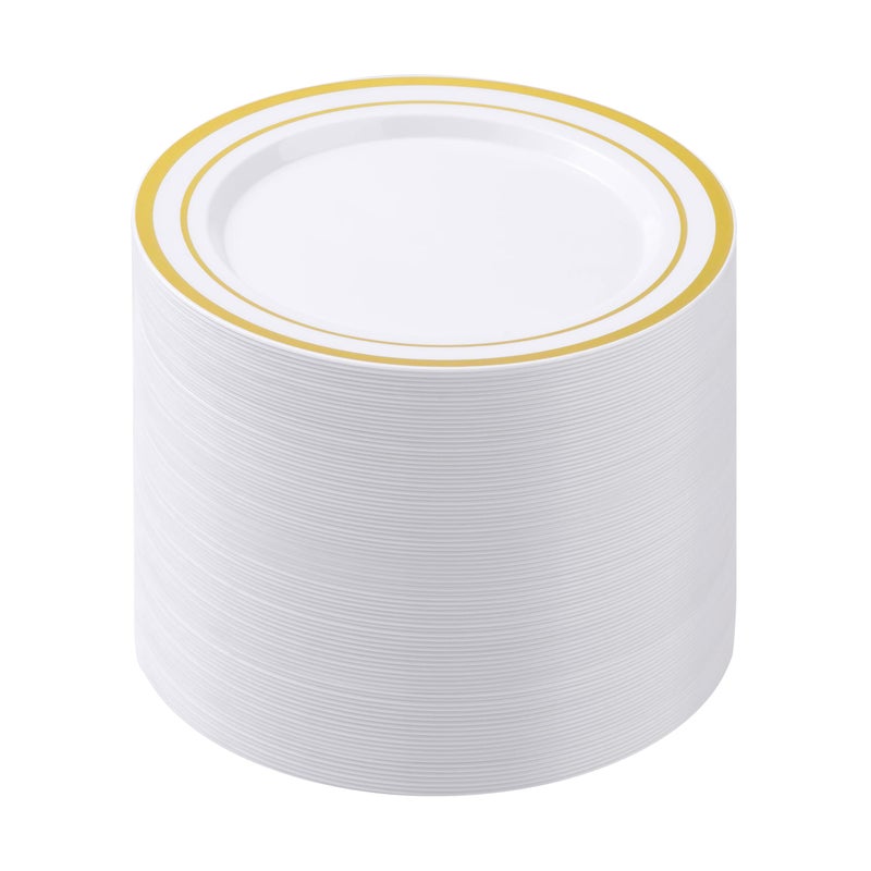 Beststar 100Pcs White Plastic Plates For Party  7 Inch Heavy Duty Dinner Plates With Gold Rim  Disposable Plates For Wedding And Birthday - Image 1
