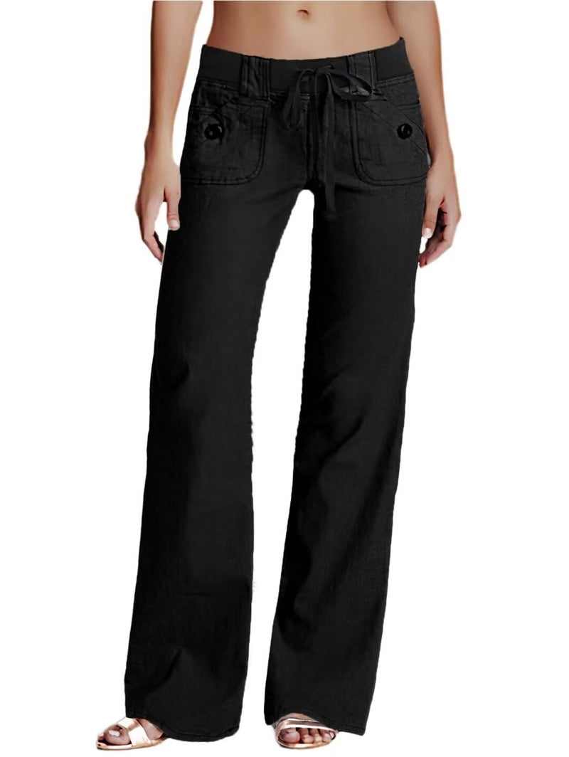 Flamingals Low Rise Cargo Wide Leg Pants for Women Drawstring Flap Pockets Y2K Bow Tie Casual Flare Pants Charcoal L - Image 1
