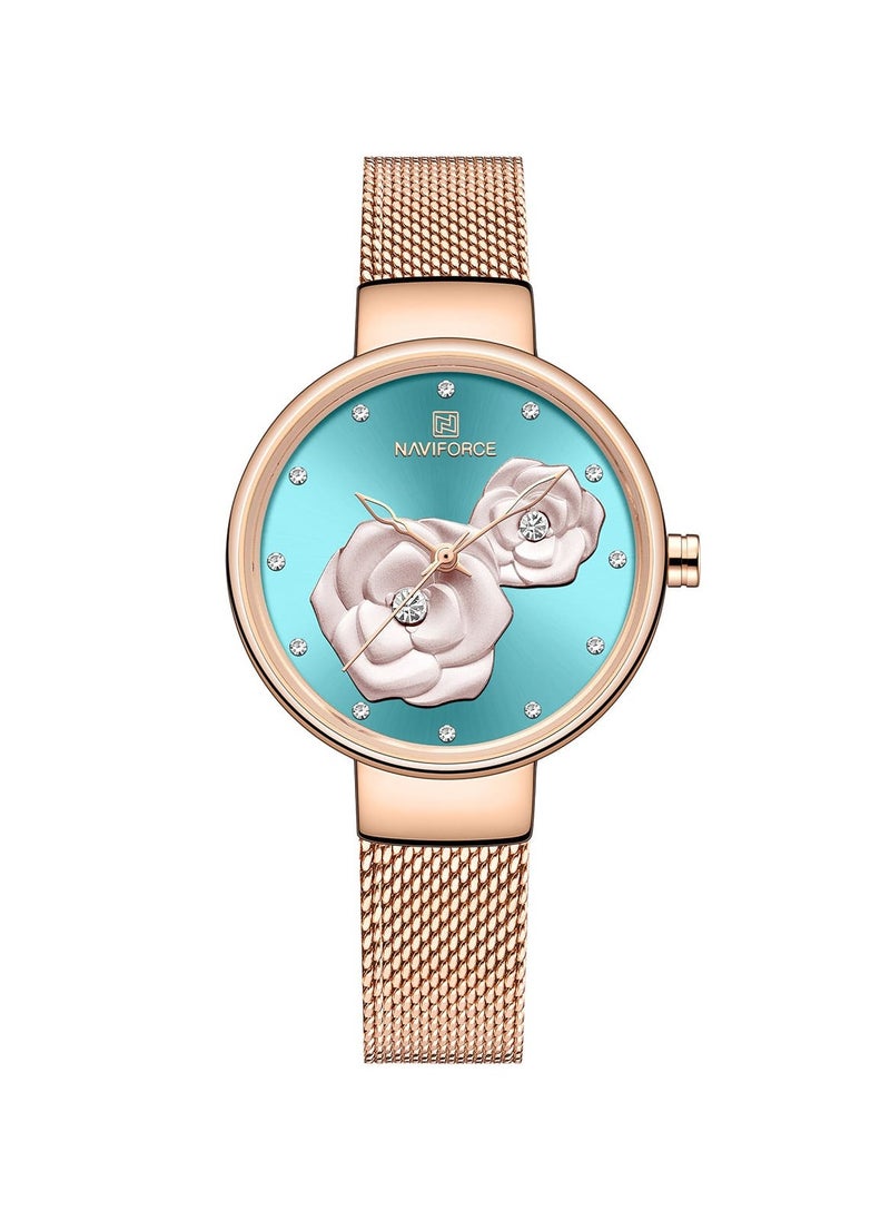 NAVIFORCE Elegant Women's Quartz Watch Stylish Round Dial with Floral Embossed Design Crystal Hour Markers Stainless Steel Mesh Strap Fashionable Timepiece for Everyday Wear and Special Occasions  - Image 1