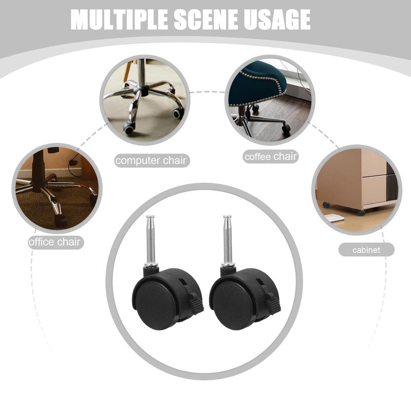 4Pcs Black Plastic Stem Caster Wheels with Brake for Office and Gaming Chairs Replacement - Image 4