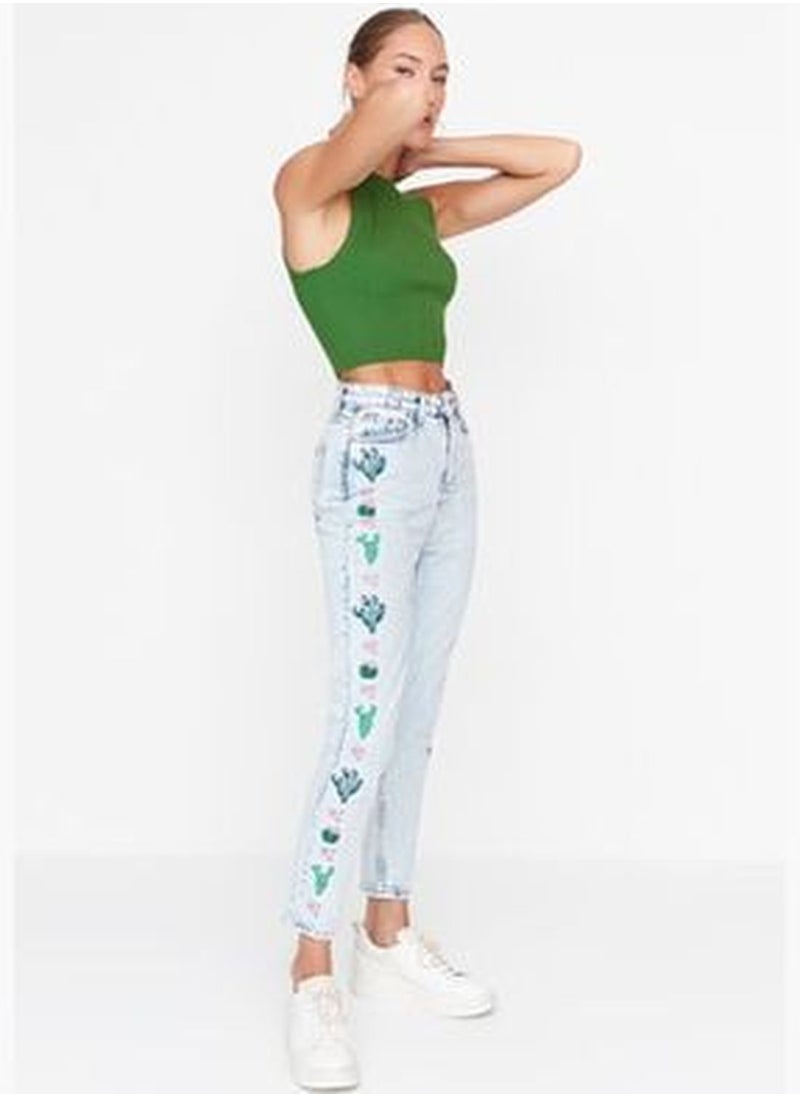 trendyol Blue Embroidery Detailed High Waist Mom Jeans  - Image 1