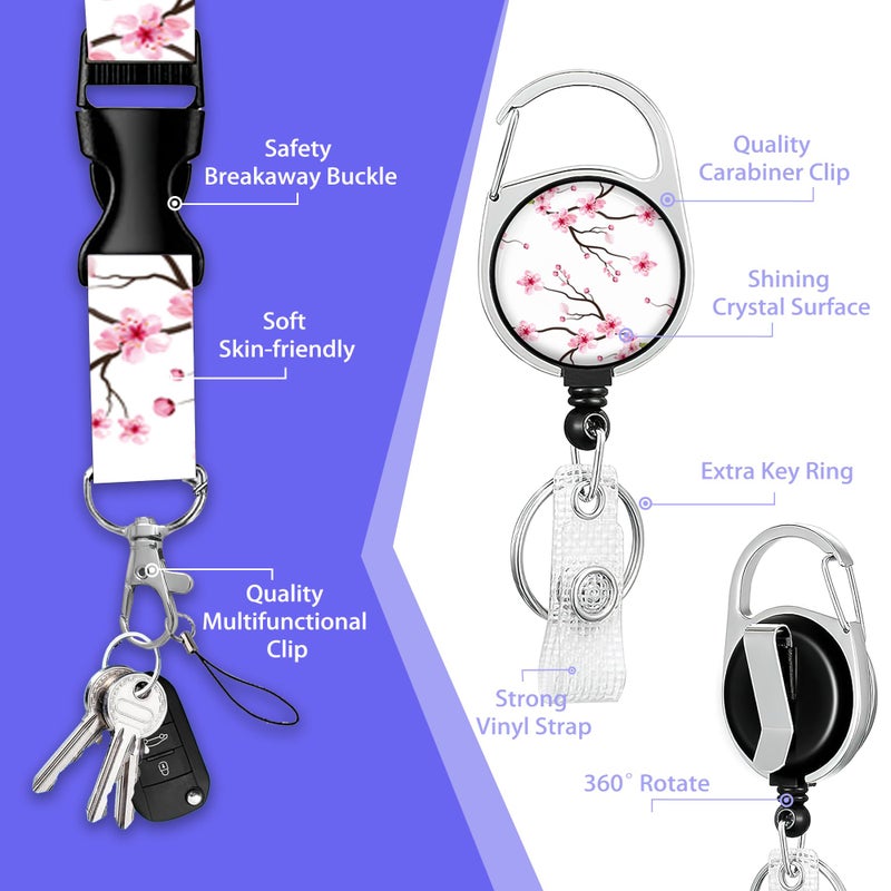 SKYDAWNY Japanese Cherry Blossom Lanyards for Id Badges,Sakura Tree Badge Reel Heavy Duty with Carabiner Clip,ID Badge Holder with Work Name Tag Breakaway Lanyard,Women Nurse Teacher Student - Image 2