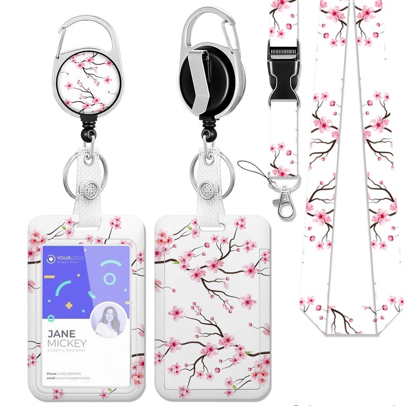 SKYDAWNY Japanese Cherry Blossom Lanyards for Id Badges,Sakura Tree Badge Reel Heavy Duty with Carabiner Clip,ID Badge Holder with Work Name Tag Breakaway Lanyard,Women Nurse Teacher Student - Image 1