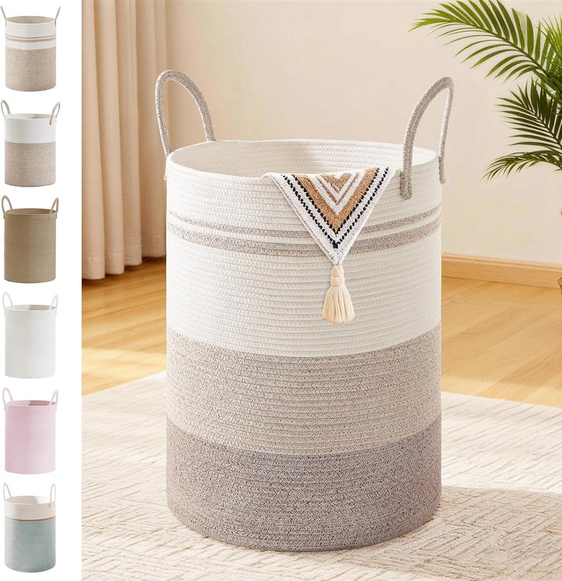 SunNewt Tall Laundry Basket with Handles, 58L Portable Dirty Clothes Hamper, Boho Cotton Rope Storage Bin for Blankets Kids Toys Gifts, Decorative Organizer for Nursery Bedroom Bathroom, Brown Striped - Image 1