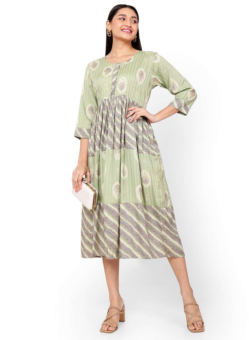 HANA & SARA FRONT STYLED BUTTONED SOFT VISCOSE GREEN COLOUR SHORT PRINTED CASUAL ARABIC KAFTAN JALABIYA DRESS - Image 1