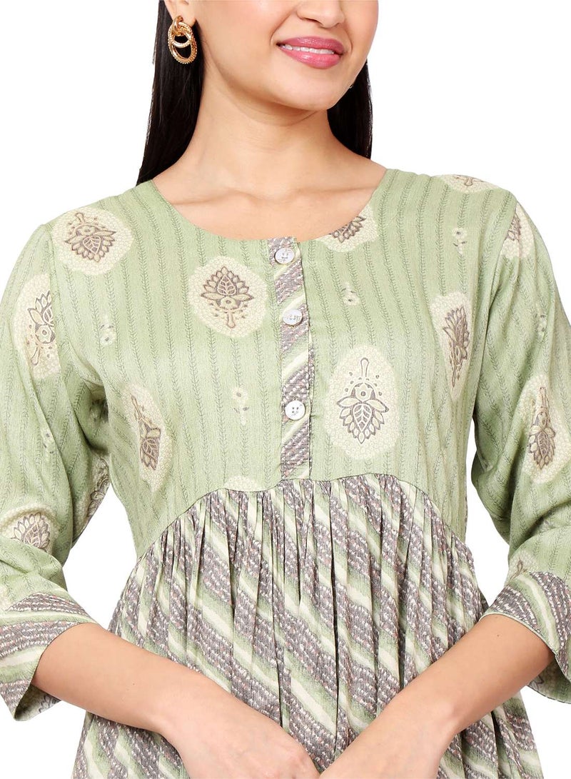 HANA & SARA FRONT STYLED BUTTONED SOFT VISCOSE GREEN COLOUR SHORT PRINTED CASUAL ARABIC KAFTAN JALABIYA DRESS - Image 3