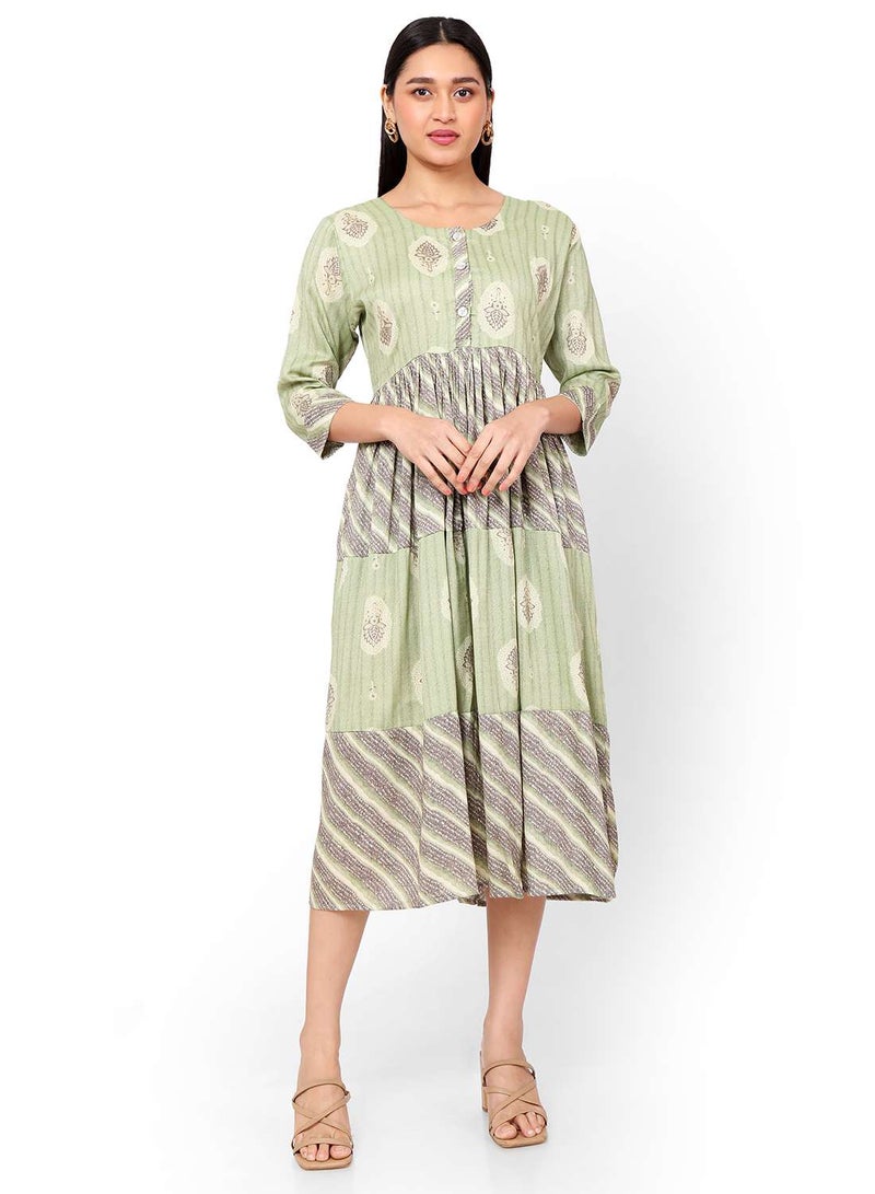 HANA & SARA FRONT STYLED BUTTONED SOFT VISCOSE GREEN COLOUR SHORT PRINTED CASUAL ARABIC KAFTAN JALABIYA DRESS - Image 4