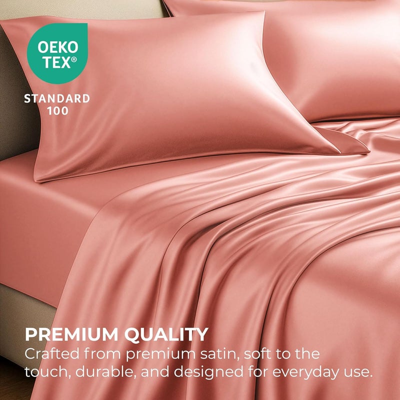 Pure Bedding Satin Sheets Twin [3-Piece, Blush Pink] Hotel Luxury Silky Bed Sheets - Extra Soft 1800 Microfiber Sheet Set, Wrinkle, Fade, Stain Resistant - Deep Pocket Fitted Sheet, Flat Sheet, Pillow Cases - Image 5