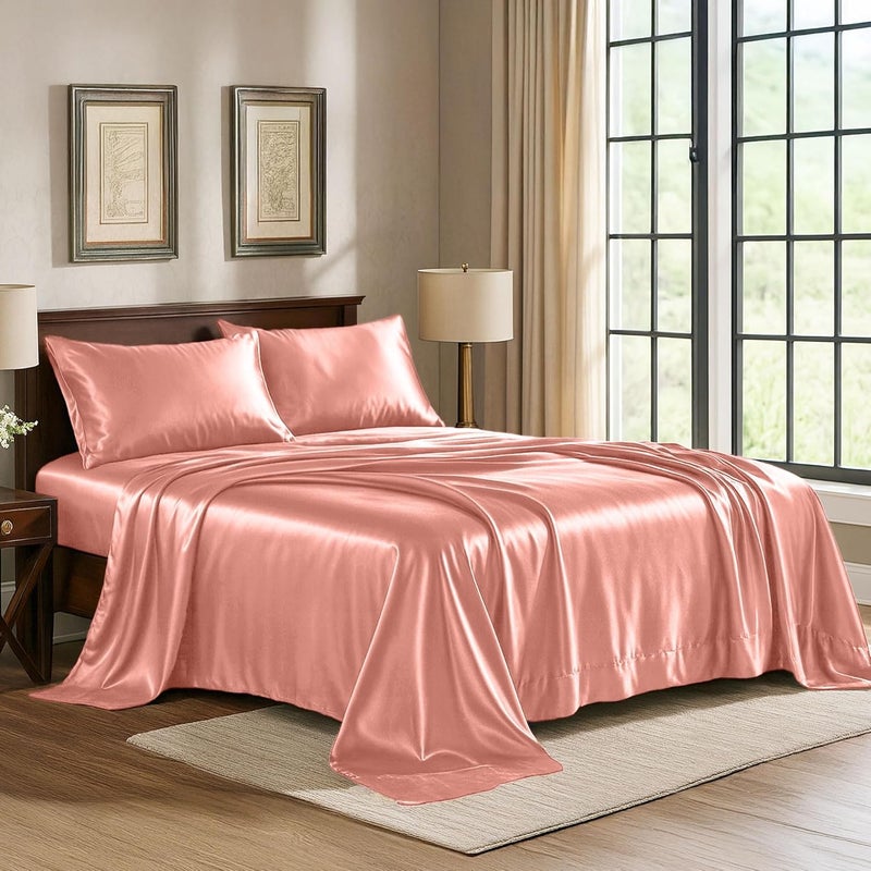 Pure Bedding Satin Sheets Twin [3-Piece, Blush Pink] Hotel Luxury Silky Bed Sheets - Extra Soft 1800 Microfiber Sheet Set, Wrinkle, Fade, Stain Resistant - Deep Pocket Fitted Sheet, Flat Sheet, Pillow Cases - Image 1