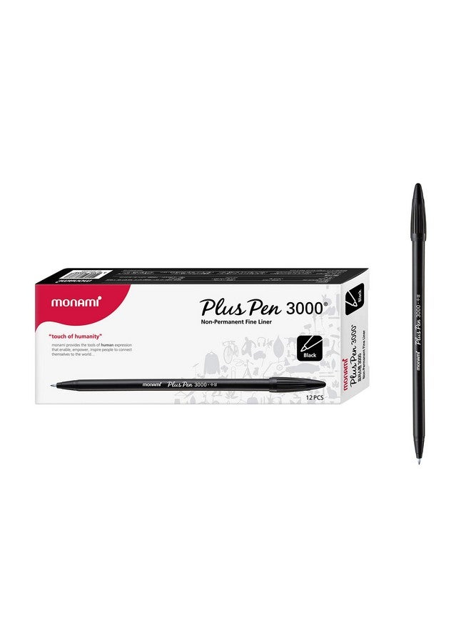 Monami Plus Pen 3000 Felt Tip Pens, Fine Point (0.4Mm), Fine Liner, Writing/Journaling/Note Taking At Home, School And Office, Black, 12-Count - Image 1