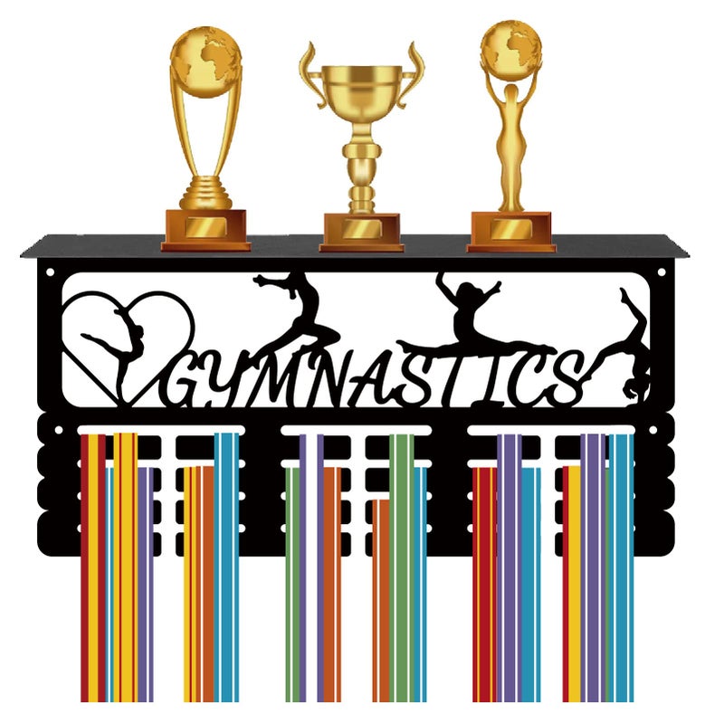 CREATCABIN Gymnastics Medal Holder Trophy Shelf Medal Hanger Display with Shelf Stand Sports 4 Rows Wall Mount Hold 70+ Medals for Women Gymnastics Soccer Running Swimming Awards Rack 15.7 x 7.9 Inch - Image 1