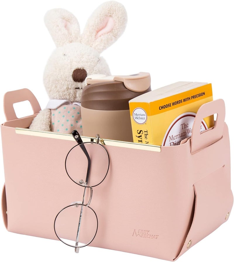 EKYLIP Leather Storage Basket Desk Tray Collapsible Storage Bin Magazine File Holder Jewellery Organiser Stand Decorative Desktop Tray Bedside Table Organiser Office Pink - Image 1