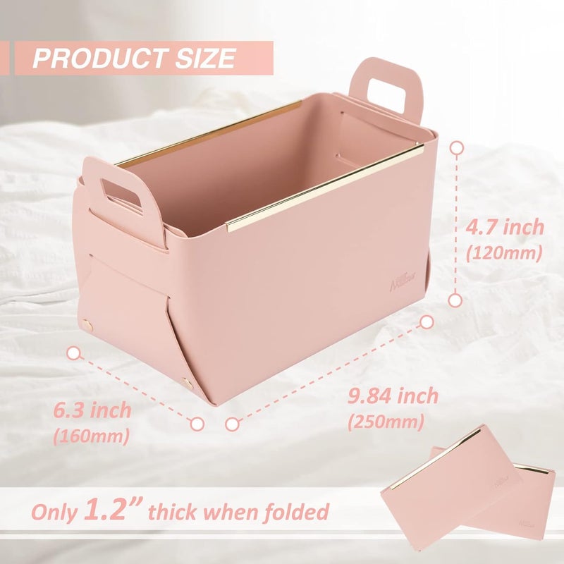 EKYLIP Leather Storage Basket Desk Tray Collapsible Storage Bin Magazine File Holder Jewellery Organiser Stand Decorative Desktop Tray Bedside Table Organiser Office Pink - Image 3