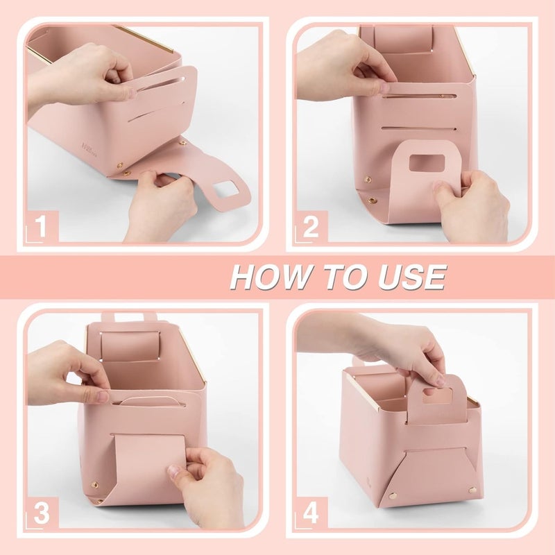 EKYLIP Leather Storage Basket Desk Tray Collapsible Storage Bin Magazine File Holder Jewellery Organiser Stand Decorative Desktop Tray Bedside Table Organiser Office Pink - Image 2