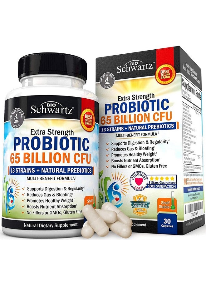 بيو شوارتز بروبيوتيك 65 مليار - بروبيوتيك مع بريبيوتيك للنساء والرجال - كبسولات لاكتوباسيلوس أسيدوفيلوس لصحة الجهاز الهضمي - تقنية الإطلاق المستهدف - مكمل غذائي مستقر على الرف، غير معدل وراثيًا، خالٍ من منتجات الألبان - 30 قرصًا - Image 1