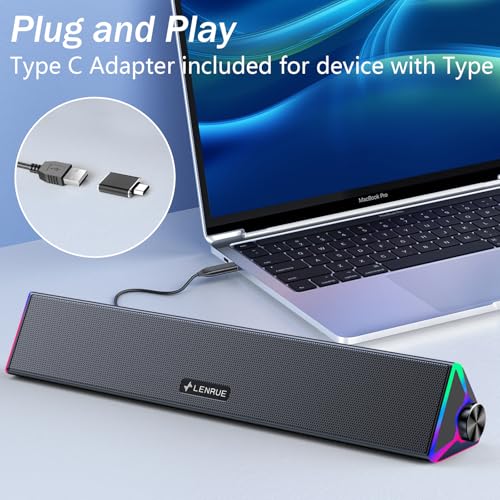 LENRUE Computer Speakers for Desktop,PC Speakers with Single USB for Power and Stereo Sound,Touch Lights Gaming Speakers Sound bar for Desktop PC Monitor Laptop(USB-C Adapter Included) - Image 5