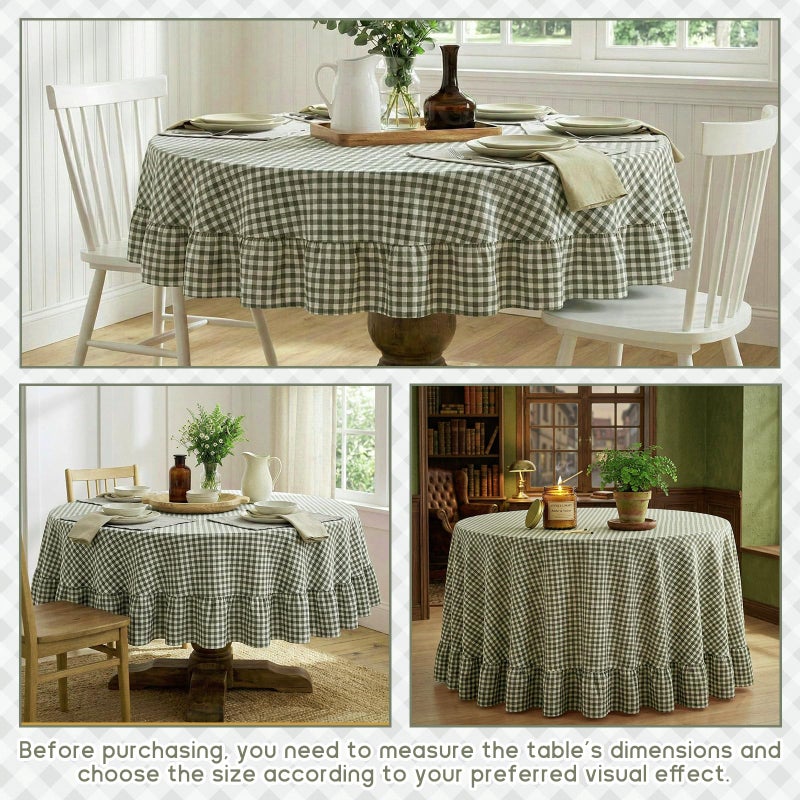 Mindsoft Green Gingham Ruffled Tablecloth 70 x 70 Inches Round Cotton Linen Checkered Table Cloth Buffalo Plaid Farmhouse Vintage Decorative Tablecover for Picnic Kitchen Dining Room Home Party - Image 2