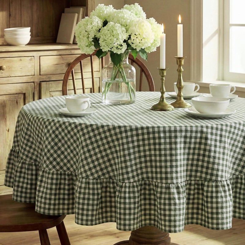 Mindsoft Green Gingham Ruffled Tablecloth 70 x 70 Inches Round Cotton Linen Checkered Table Cloth Buffalo Plaid Farmhouse Vintage Decorative Tablecover for Picnic Kitchen Dining Room Home Party - Image 1
