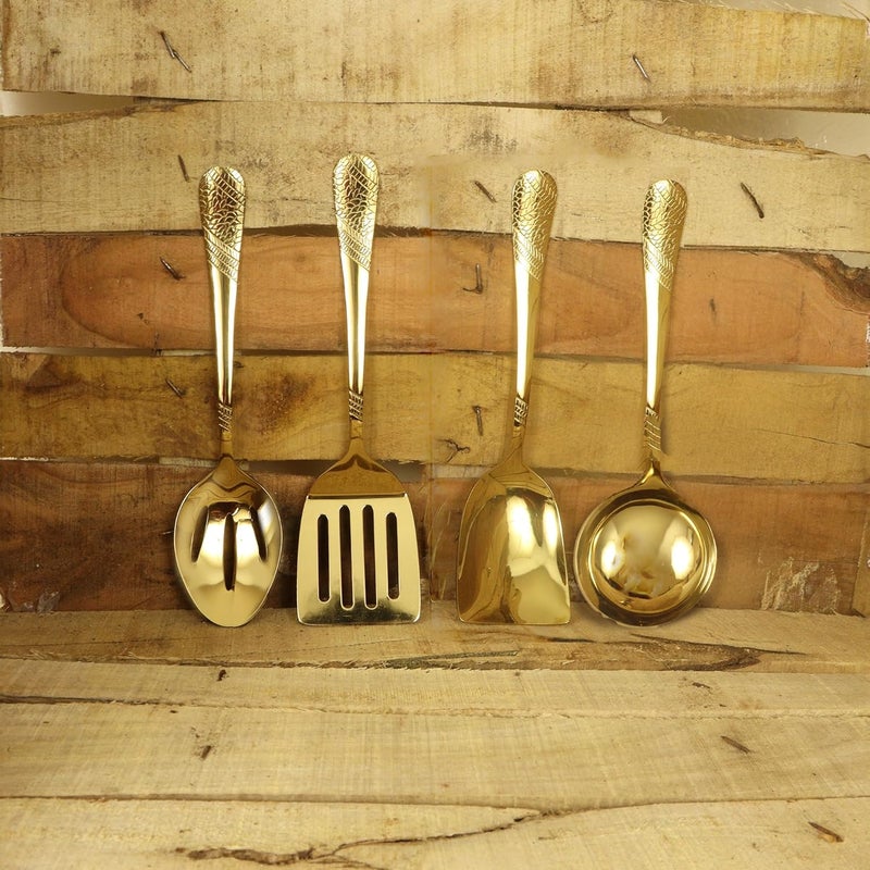 Spillbox Spillbox Stainless Steel Gold Plated LadleKarandiDosa KarandiKuli KarandiJali KarandiCooking and Serving LadleKitchenwareCookware Ladle Set of 4 - Image 2