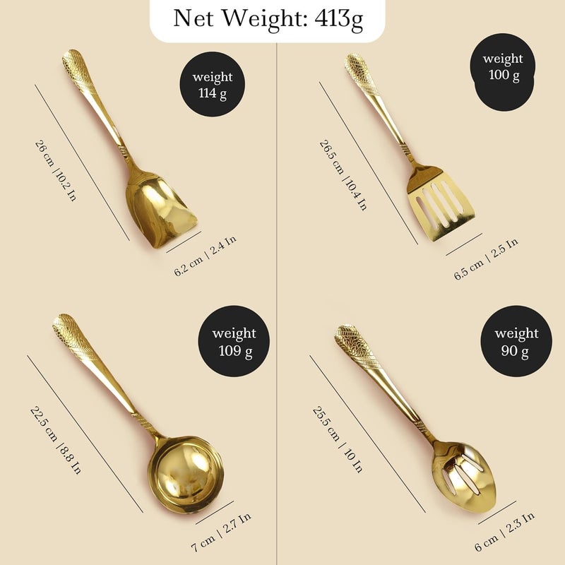 Spillbox Spillbox Stainless Steel Gold Plated LadleKarandiDosa KarandiKuli KarandiJali KarandiCooking and Serving LadleKitchenwareCookware Ladle Set of 4 - Image 5